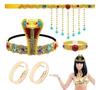Juego de 5 accesorios de disfraz egipcio, incluye borla de Cobra Headpiece Beaded Necklace Swirl Snake Bracelet Simulated Gemstone Bracelet, Ancient Egypt Dress Up for Women Vintage Party, Halloween