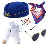 Juego de 5 accesorios para disfraz de azafata de aerolínea para mujer, sombrero de vuelo, gafas de sol, bufanda, guantes y broches (rojo), azul, M
