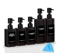 Juego de 5 Botellas dispensadoras de champú Reutilizables para Rellenar, 3 x 300 ml + 2 Botellas de 500 ml de Color marrón con dispensador, Etiquetas y Embudo para baño, Cocina, Gel de Ducha