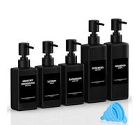 Juego de 5 Botellas dispensadoras de champú Reutilizables para Rellenar, 3 x 300 ml + 2 x 500 ml, Color Negro, con dispensador, Etiquetas y Embudo para baño, Cocina, Gel de Ducha