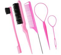 Juego de 5 cepillos de espalda lisa con herramienta de cola Topsy, cerdas de burla, peine de rata para mujeres y niñas, control de vuelo y peinado de bordes, color rosa