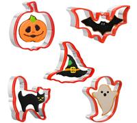 Juego de 5 cortadores de galletas de Halloween de acero inoxidable con borde protector de PVC, calabaza, murciélago, fantasma, gato y sombrero de bruja