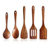 Juego de 5 cucharas de madera para cocinar, juego de utensilios de cocina de madera de acacia, espátula de cocina no tóxica, cuchara ranurada, espátulas planas, utensilios de madera, cuchara de cocina