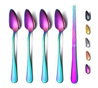 Juego de 5 cucharas de pomelo arcoíris, 4 cucharas de pomelo de acero inoxidable y 1 cuchillo de pomelo con revestimiento de titanio, juego de utensilios de pomelo, cuchara de bordes dentados