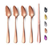 Juego de 5 cucharas de pomelo de oro rosa, 4 cucharas de pomelo de acero inoxidable y 1 cuchillo de pomelo con revestimiento de titanio, juego de utensilios de pomelo, cuchara de bordes dentados