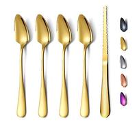 Juego de 5 cucharas de pomelo doradas,4 cucharas de pomelo de acero inoxidable y 1 cuchillo de pomelo con revestimiento de titanio,juego de utensilios de pomelo,cuchara de bordes dentados,paquete de 5