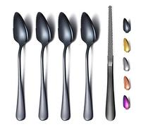 Juego de 5 cucharas de pomelo negro, 4 cucharas de pomelo de acero inoxidable y 1 cuchillo de pomelo con revestimiento de titanio, juego de utensilios de pomelo,cuchara de bordes dentados,paquete de 5