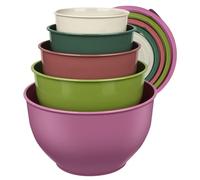 Juego de 5 Cuencos Plástico para Mezclar con Tapas, 0.8L-4.7L, Apilables y Anidables, Sin BPA, Apto Lavavajillas y Microondas, para Frigorífico y Congelador, Multiusos Cocina（verde y morado ）