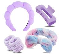 Juego de 5 Diadema Maquillaje Mujer, Diademas de Spa con Muñequeras y Pinza para el pelo, Diadema Skincare,Diadema Elastica Mujer para Lavarse la Cara, Spa, Maquillarse, Bañarse