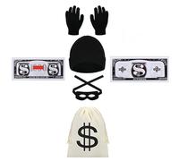 Juego de 5 disfraces de ladrón, Disfraz de ladrón de bancos, accesorios de disfraz para ladrones, Sombrero Guantes Máscara de Ojo Bolsa de Dinero Billete de Banco, para Carnaval Halloween Cosplay