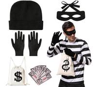 Juego de 5 disfraces de ladrón, Disfraz de ladrón de bancos, accesorios de disfraz para ladrones, Sombrero Guantes Máscara de Ojo Bolsa de Dinero Billete de Banco, para Carnaval Halloween Cosplay