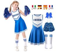 Juego de 5 disfraz de animadora para niños, vestido uniforme de animadora, atuendo de animadora para niña con pompones, calcetines, pegatinas para tatuajes y tocados, para fiestas de carnaval (azul,