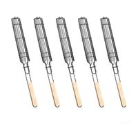 Juego de 5 jaulas de parrilla con mango de madera para asar perros calientes, salchichas, carnes y verduras en parrillas de barbacoa al aire libre