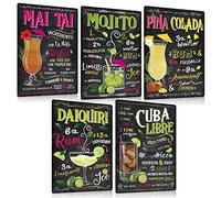 Juego de 5 letreros de metal retro para cócteles, receta, 20x30 cm, cartel de metal con texto gracioso, MAI TAI, MOJITO, PINA COLADA, DAIQUIRI, bar, bar y cocina