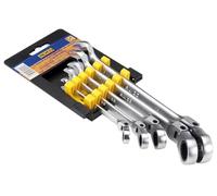 Juego de 5 llaves combinadas con carraca de cabezal flexible, ideal para trabajos mecánicos y afinar ajustes en espacios reducidos.