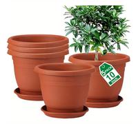 Juego de 5 Macetas Redondas Grandes de Resina de 10 Pulgadas con Platillos - Maceteros Rústicos Marrones para Interior/Exterior, Macetas de Plástico con Agujeros de Drenaje, Macetero Grande