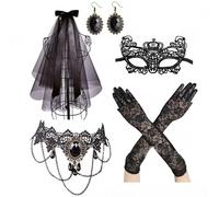 Juego de 5 máscaras de mascarada RUNRAYAY para mujer, velo negro, antifaz de encaje, collar de gargantilla de encaje, guantes de encaje y aretes, accesorios de disfraz