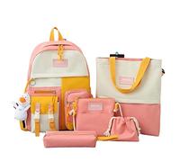 Juego de 5 mochilas Kawaii con bonitos accesorios colgantes de oso de peluche, suministros escolares, papelería, bolsa Ita para la vuelta a la escuela, Rosado, L