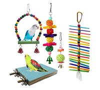 Juego de 5 modelos para masticar pájaros, incluye percha de madera, plataforma de fregar, bolas de ratán y cuerda para jaula
