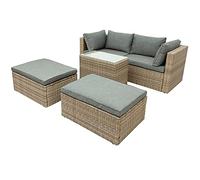 Juego de 5 muebles de patio para exteriores, juego de sofá modular de mimbre de ratán, 2 sillas esquineras + 1 mesa de té + 2 otomanas marrón y gris, tamaño único