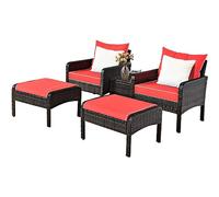 Juego de 5 muebles de ratán para patio, sofá, mesa otomana acolchada, color rojo