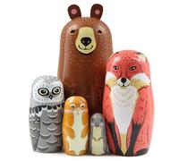 Juego de 5 muñecas de madera con temática de animales lindo, oso, zorro, búho, conejo, ratón, muñeca rusa matrioshka juguete apilable para niños Navidad fiesta de cumpleaños decoración del hogar