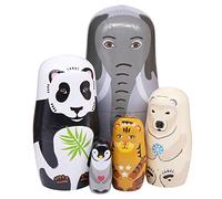 Juego de 5 muñecas nido de madera con temática de animales, elefante, panda, zorro, pingüino, tigre, muñecas rusas, matrioshka para niños Navidad, fiesta de cumpleaños, casa