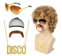 Juego de 5 pelucas para hombre con collar para barba y gafas de los años 70 y 80 Disco Dude Dirt Bag peluca hippie para hombre, disfraz de los años 80, accesorios para carnaval, cosplay y festivales