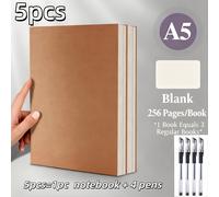 Juego de 5 piezas, 1 cuaderno A5 + 4 bolígrafos, cuaderno A5 de cuero de 256 páginas, cuaderno para diario, dibujo, , ideal para trabajos , manualidades, artistas, periodistas
