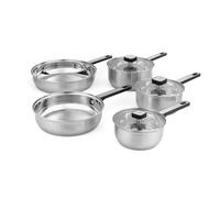 Juego de 5 piezas de sartenes de acero inoxidable Salter Expert - Mangos de tacto frío, sin PFAS, tapas con salida de vapor, apto para inducción, sartenes de 24/28cm, cazuelas de 16/18/20 cm con tapas