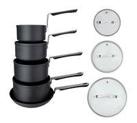 Juego de 5 piezas de utensilios de cocina Commichef en aluminio anodizado con revestimiento antiadherente, incluye cacerolas de 14 cm, 16 cm, 18 cm y 20 cm con tapas y sartén de 24 cm, diseño apilable