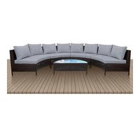 Juego de 5 sofás curvos de Mimbre para Exteriores, Estilo Media Luna, con Cojines y Mesa de Centro de Cristal para Patio, Junto a la Piscina, Color Gris.