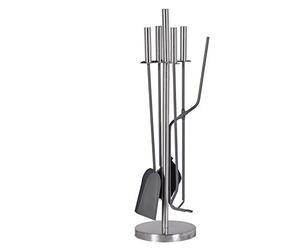 Juego de 5 utensilios para chimenea, 180 x 180 x 640 mm, cubiertos de color gris lacado, soporte y asas de acero inoxidable