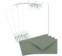 Juego de 50 pliegos de papel de cartas, DIN A4, papel natural en color crema, diseño con ramas de eucalipto, con sobres DIN Largo en verde eucalipto, imprimible, ideal para invitaciones de boda