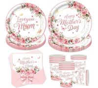 Juego de 50 vajilla de regalo para mamá, vajilla para fiesta del día de la madre, vajilla de fiesta de cumpleaños, accesorios de fiesta, platos de papel, con platos, vasos, servilletas, vajilla de