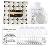 Juego de 50 velas de té sin aroma de condolencia, velas de té conmemorativas, velas pequeñas, velas de condolencia, velas blancas con tarjetas de duelo y bolsas de organza para fiestas funerarias, accesorios