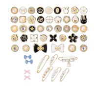 Juego de 51 alfileres de zapatos con perlas falsas y motivos de flores en forma de lazo, plástico, resina, piedra secundaria