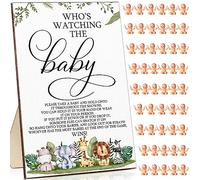 Juego de 51 letreros de madera para baby shower con texto en inglés "Who's Watching The Baby", regalos de fiesta de revelación de género, 50 pequeños bebés de plástico pequeños para decoración de