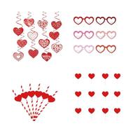 Juego de 54 decoraciones de fiesta de corazones de amor, incluye 6 vasos en forma de corazón, 24 pajitas, 12 remolinos colgantes y 12 adornos para cupcakes, decoración temática roja para San Valentín
