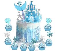 Juego de 56 adornos para tartas de hadas, decoraciones de cumpleaños para niñas, decoración de mesa con copos de nieve con purpurina, decoración de mesa Dreamy Ice World Scene