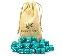 Juego de 6, 12, 20, 30 o 50 cubos de alta calidad de Waldfelsen®, tamaño estándar de 16 mm, cubo de acrílico para juego Dice de 6 caras con bolsa de tela (turquesa, 50 unidades)