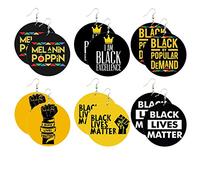 Juego de 6 a 9 pares de aretes de madera con mapa africano, aretes colgantes de madera pintados de madera natural, estilo étnico africano, aretes de gota con fondo de paz rasta, logotipo de león
