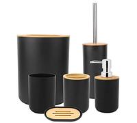 Juego de 6 Accesorios de Baño Modernos Set De Inodoro Dispensador de Jabón Soporte para Cepillo de Dientes Jabonera Vaso Soporte para Escobilla de Inodoro Cubo de Basura, Bambú Y Pp (Negro)