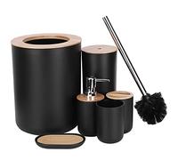 Juego de 6 accesorios para cuarto de baño completos, juego de baño con basura, cepillo de inodoro, soporte para cepillo de dientes, jabonera, dispensador de jabón y vaso de madera de bambú + plástico