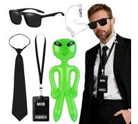 Juego de 6 accesorios para disfraz de agente, kit de disfraz de agente secreto, conjunto de traje de servicio secreto espía con soportes para identificación, corbatas, lentes de sol, auriculares