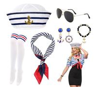 Juego de 6 accesorios para disfraz de capitán marinero, traje náutico con sombrero de marinero, bufanda, medias, gafas, aretes, pulseras para mujer, capitanes para fiesta de disfraces