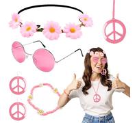 Juego de 6 accesorios para disfraz hippie rosa, 60 y 70, juego de accesorios elegantes para niñas y mujeres, gafas de sol, diadema de flores, collar y aretes para el Día Mundial del Libro