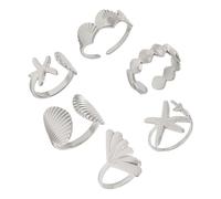 Juego de 6 anillos ajustables de articulación abierta, diseño de estrellas de mar, conchas, estrellas, joyería de playa, para mujeres, amigas, hermanas, anillos apilables de aleación resistentes a las