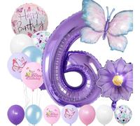 Juego de 6 años - Número de Folienballon, azul, morado, cumpleaños, decoración de mariposas, diseño de flores, globo, cumpleaños infantil, fiesta, número 6 globos para niña, cumpleaños, fiesta,