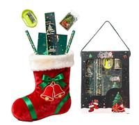 Juego de 6 artículos de papelería de Navidad, juego de papelería de Navidad para niños, estudiantes, aula, regalo escolar, relleno de calcetines de Navidad, incluye lápiz, borrador, regla, afilado
